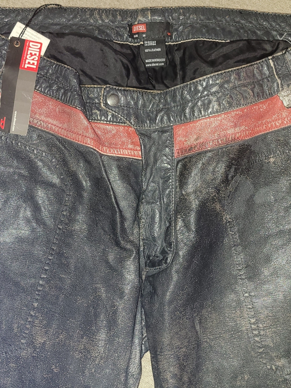 DIESEL Men's Vintage Black Leather Jeans with Red Trim
